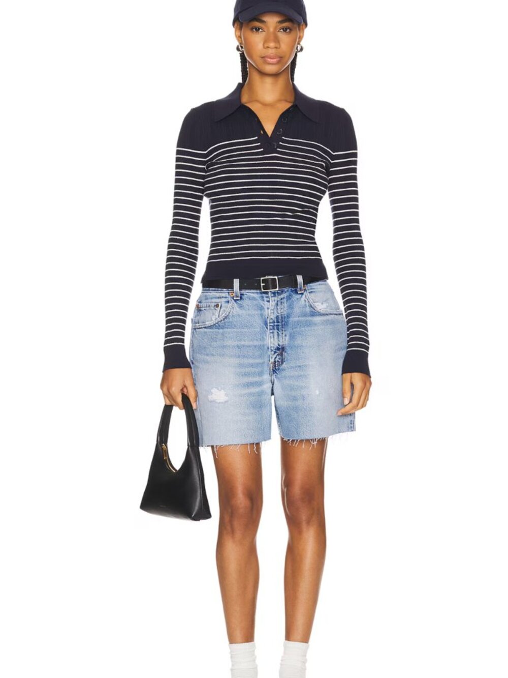 Lovers + Friends Navy and White Striped Long-Sleeve Polo Top size L